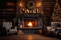 Cozy dark rustic living room with a fireplace, decorated for Christmas