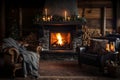 Cozy dark rustic living room with a fireplace, decorated for Christmas