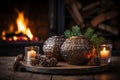 Cozy dark rustic living room with a fireplace, decorated for Christmas