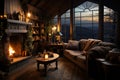 Cozy dark rustic living room with a fireplace on winter day