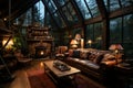 Cozy dark rustic living room with a fireplace on winter day