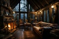 Cozy dark rustic living room with a fireplace on winter day