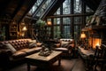 Cozy dark rustic living room with a fireplace on winter day