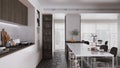 Cozy dark and wooden kitchen in modern apartment, Island with stools, parquet. Oven, stove, sink and accessories, hob with pots,