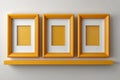 Cozy decor. Empty yellow photo frame for a collage of three photos in a minimalist style on a white background Royalty Free Stock Photo