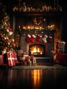 Cozy Decorated Fireplace with Christmas Ornaments and Stockings for Gifts