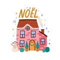 Cozy decorated house with chimney. Cute and cozy winter building with snowman. Holiday composition with an inscription