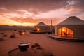 cozy desert camp, with view of surreal and otherworldly sunset mirage