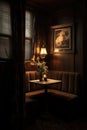 a cozy, dimly lit corner booth in a restaurant