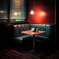 Cozy dimly lit diner with a small table and leather benches. Traditional style interior of a restaurant. Generative AI