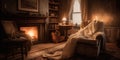 A cozy, dimly lit room with a fireplace, a plush armchair, and a soft throw blanket, concept of Warmth and Comfort