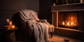 A cozy, dimly lit room with a fireplace, a plush armchair, and a soft throw blanket, concept of Warmth and Comfort