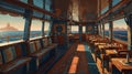 Cozy Dining Area on a Boat with Scenic Ocean View at Sunset, Featuring Nautical Theme Decor Royalty Free Stock Photo