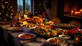 A cozy dinner on Christmas with a variety of dishes and snacks for the whole family