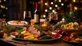 A cozy dinner on Christmas with a variety of dishes and snacks for the whole family