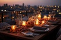 Cozy dinner on the rooftop illuminated by fairy lights under the glittering stars, engagement, wedding and anniversary image