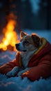 Cozy dog snuggled in sleeping bag, campfire glow, dog, care Royalty Free Stock Photo