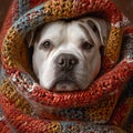 Cozy dog wrapped in vibrant knitted scarf gazes forward. domestic animal wrapped in comfort. serene pet portrait. AI