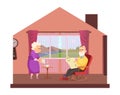 Cozy domestic lifestyle. Elderly couple drink tea, cute seniors stay home concept. Cartoon grandparents safe in