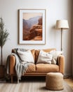 Cozy, earth-toned living room, spotlight on a framed mockup painting illuminated by a warm floor lamp, shot with a soft