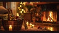 A cozy Easter evening scene featuring a crackling fire flickering candles