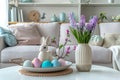 Cozy Easter Living Room Interior with Table, Easter Eggs, Easter Bunny, Spring Flowers, Still Life Royalty Free Stock Photo