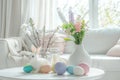 Cozy Easter Living Room Interior with Table, Easter Eggs, Easter Bunny, Spring Flowers, Still Life Royalty Free Stock Photo