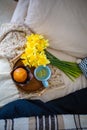 Cozy Easter, Spring Still Life Scene. Cup Of Tea And yellow daffodils On Bed.