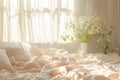 Cozy elegant bedroom with bed, nice bedclothes, spring decor and soft lighting. Generative AI