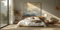 Cozy and elegant bedroom with big bed, nice bedclothes, wooden bedside tables and with warm light Royalty Free Stock Photo