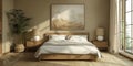 Cozy and elegant bedroom with big bed, nice bedclothes, wooden bedside tables and with warm light Royalty Free Stock Photo