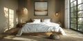 Cozy and elegant bedroom with big bed, nice bedclothes, wooden bedside tables and with warm light Royalty Free Stock Photo