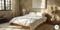 Cozy and elegant bedroom with big bed, nice bedclothes, wooden bedside tables and with warm light Royalty Free Stock Photo