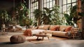 Cozy elegant boho style living room interior in natural colors. Comfortable corner couch with cushions, ottomans, many Royalty Free Stock Photo