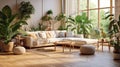 Cozy elegant boho style living room interior in natural colors. Comfortable corner couch with cushions, ottomans, many Royalty Free Stock Photo