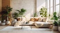 Cozy elegant minimalist living room interior in natural colors. Comfortable corner couch with cushions, many houseplants Royalty Free Stock Photo