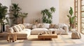 Cozy elegant minimalist living room interior in natural colors. Comfortable corner couch with cushions, many houseplants Royalty Free Stock Photo