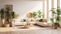 Cozy elegant minimalist living room interior in natural colors. Comfortable corner couch with cushions, many houseplants Royalty Free Stock Photo