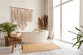 Cozy Empty Modern Bathroom Background With White Bathtub And Window Royalty Free Stock Photo