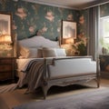 A cozy English cottage bedroom with floral wallpapers, a four-poster bed, and lace curtains3