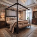 A cozy English cottage bedroom with floral wallpapers, a four-poster bed, and lace curtains1