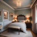 A cozy English cottage bedroom with floral wallpapers, a four-poster bed, and lace curtains4