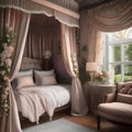 A cozy English cottage bedroom with floral wallpapers, a four-poster bed, and lace curtains2