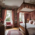A cozy English cottage bedroom with floral wallpapers, a four-poster bed, and lace curtains5