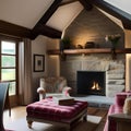 A cozy, English cottage living room with a stone fireplace, exposed timber beams, and floral upholstery3