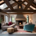 A cozy, English cottage living room with a stone fireplace, exposed timber beams, and floral upholstery1