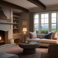 A cozy, English cottage living room with a stone fireplace, exposed timber beams, and floral upholstery5