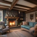 A cozy, English cottage living room with a stone fireplace, exposed timber beams, and floral upholstery2