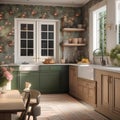 A cozy English cottage-style kitchen with floral wallpaper and a farmhouse sink2