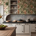 A cozy English cottage-style kitchen with floral wallpaper and a farmhouse sink1 Royalty Free Stock Photo